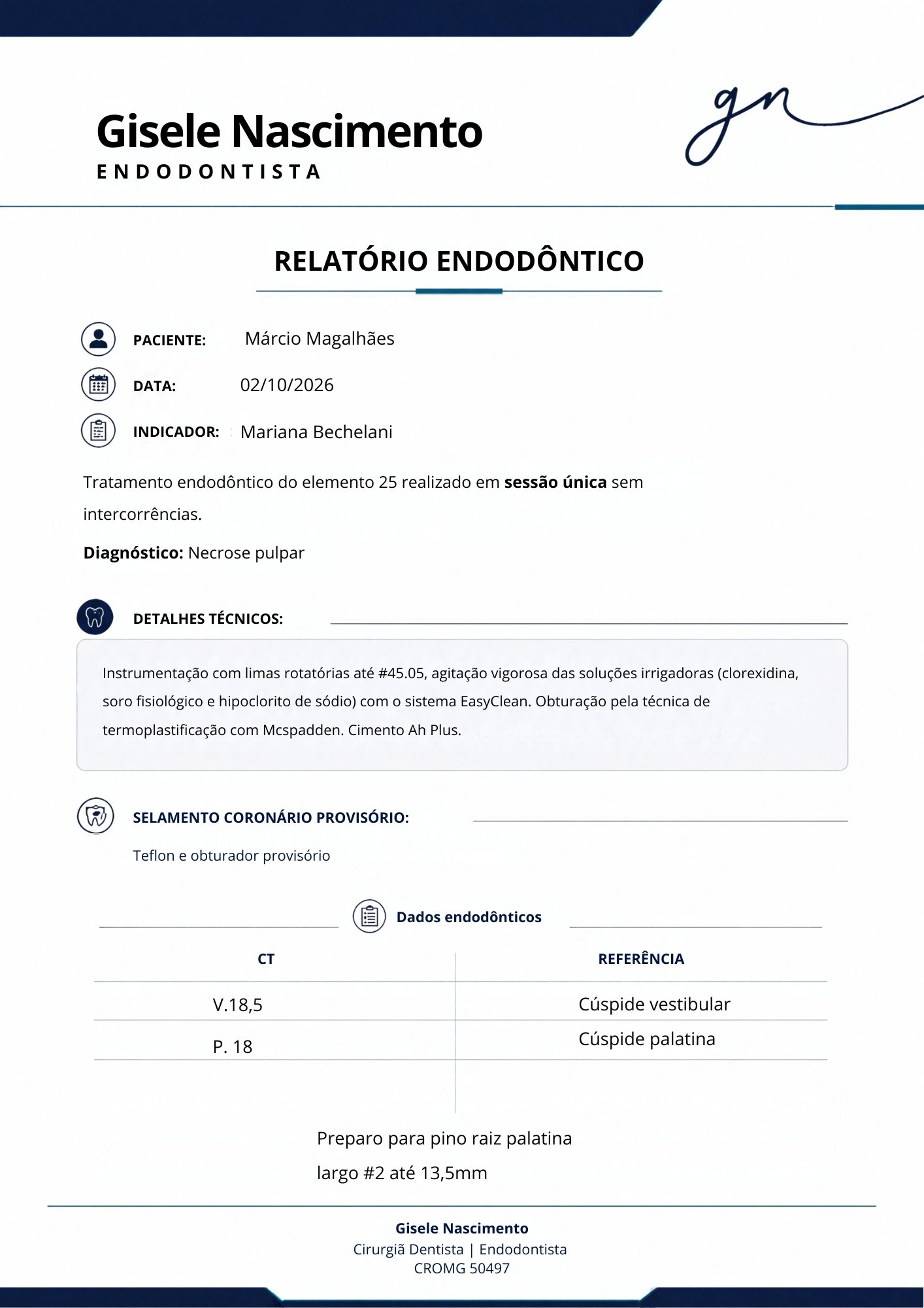 Relatório endodôntico - página com dados do tratamento